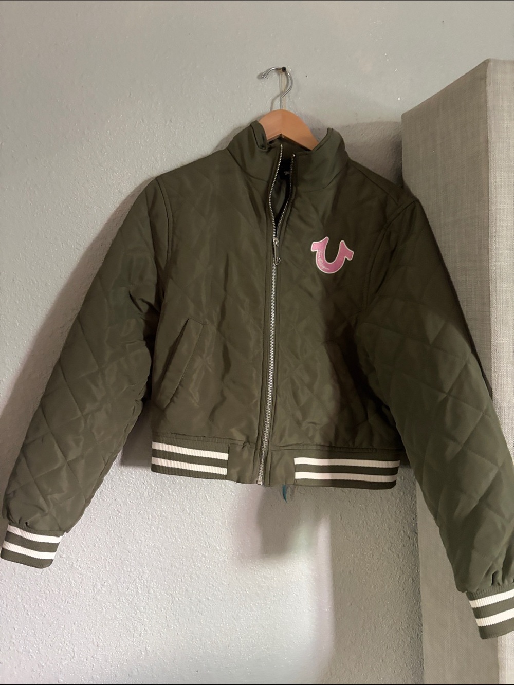 Women true religion Olive Green Quilted Jacket with Pink Accent